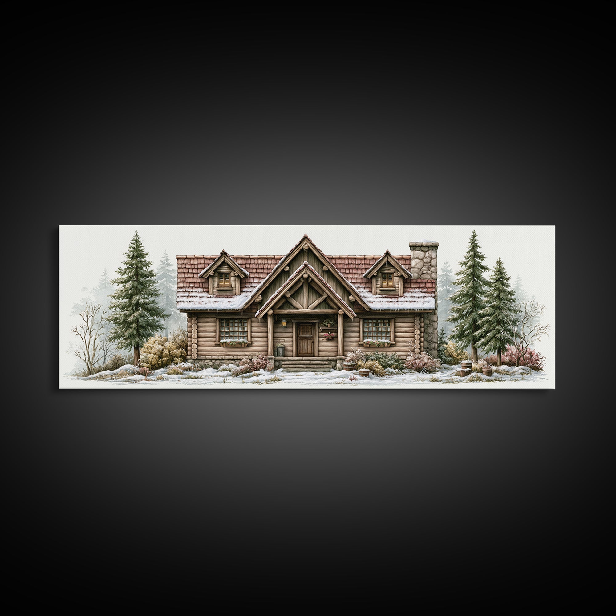 Log Cabin with Snowy Pines Framed Canvas Print, Rustic Art, Printable Art, Farmhouse Decor, Oil Painting, Rustic, RUS-3x1-79