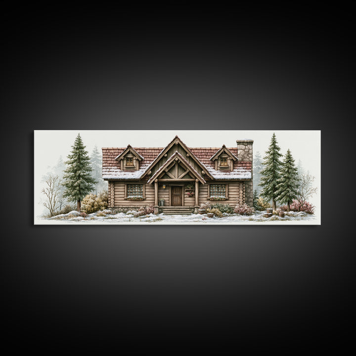Log Cabin with Snowy Pines Framed Canvas Print, Rustic Art, Printable Art, Farmhouse Decor, Oil Painting, Rustic, RUS-3x1-79