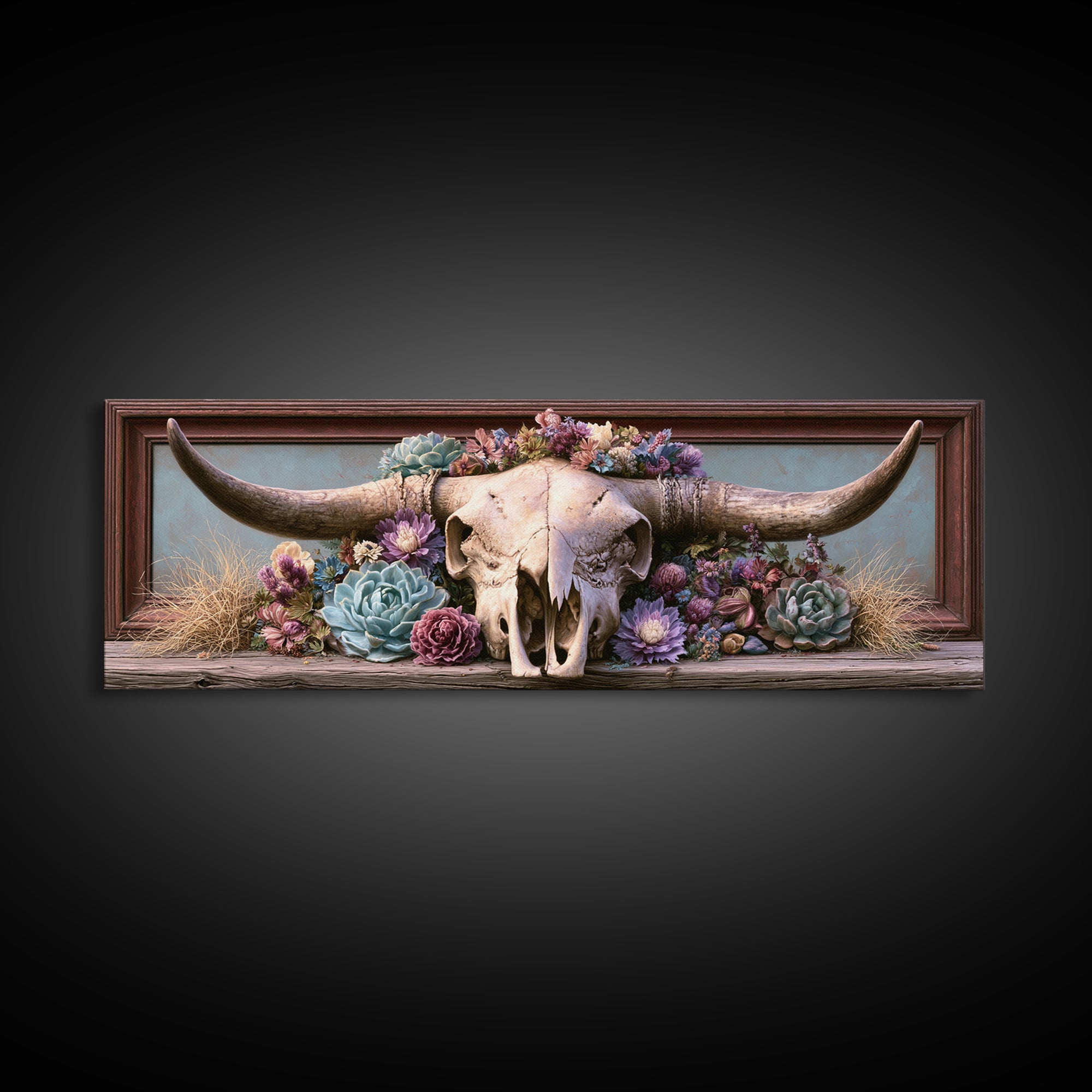 Cow Skull with Desert Flowers Framed Canvas Print, Rustic Art, Landscape Painting, Farmhouse Decor, Watercolor Art, Rustic, RUS-3x1-81