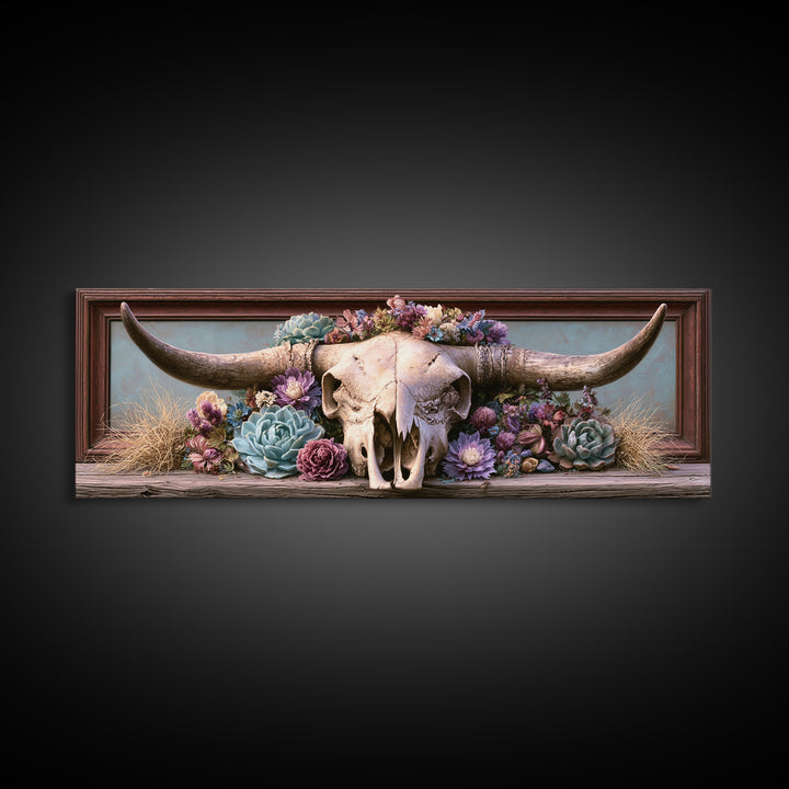 Cow Skull with Desert Flowers Framed Canvas Print, Rustic Art, Landscape Painting, Farmhouse Decor, Watercolor Art, Rustic, RUS-3x1-81