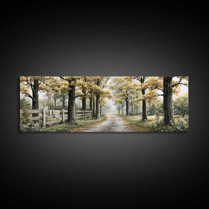 Forest Path with Golden Autumn Leaves Framed Canvas Print, Rustic Art, Farmhouse Decor, Oil Painting, Rustic, Gallery Wall Art, RUS-3x1-82