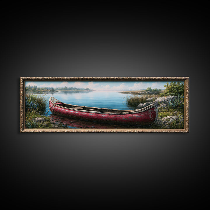Old Canoe Pulled Onto a Lake Shore Framed Canvas Print, Rustic Art, Painting, Farmhouse Decor, Fine Art, Rustic, Boho Wall Art, RUS-3x1-84