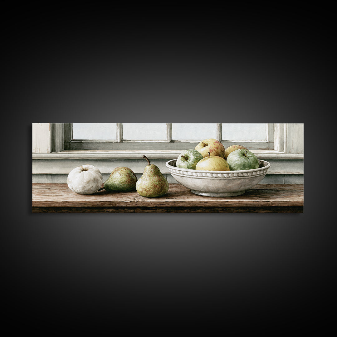 Rustic Pear and Apple Still Life Canvas Print, Rustic Art, Eclectic Wall Art, Farmhouse Decor, Oil Painting, Rustic, RUS-3x1-85