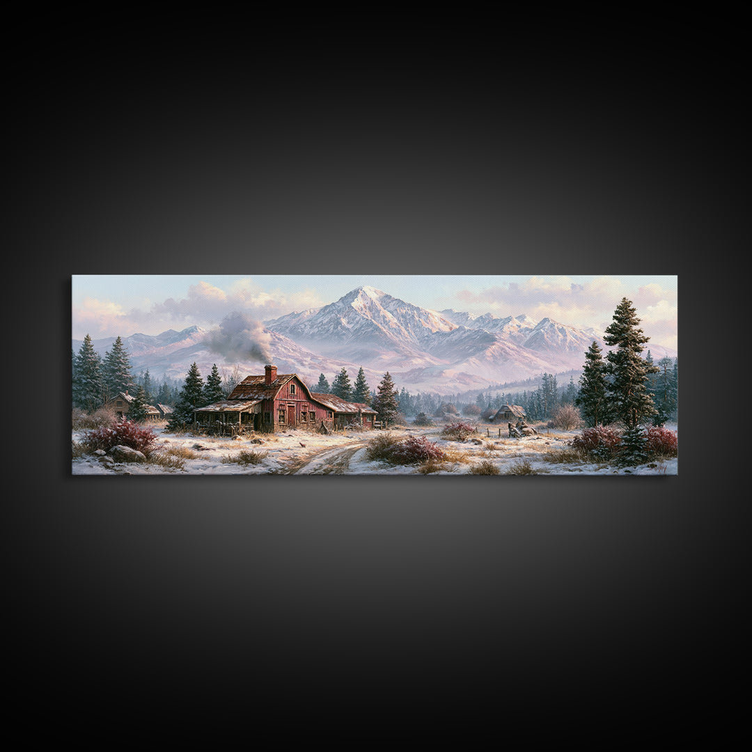 Winter Mountain Scene Framed Canvas Print, Rustic Art, Printable Wall Art, Farmhouse Decor, Watercolor Art, Rustic, Wood Art, RUS-3x1-87