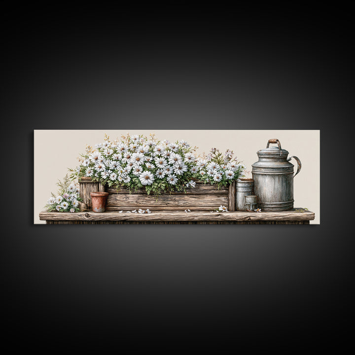 Weathered Barn Wood and Wildflower Still Life Framed Canvas Print, Rustic Art, Living Room Art, Farmhouse Decor, Rustic, RUS-3x1-89