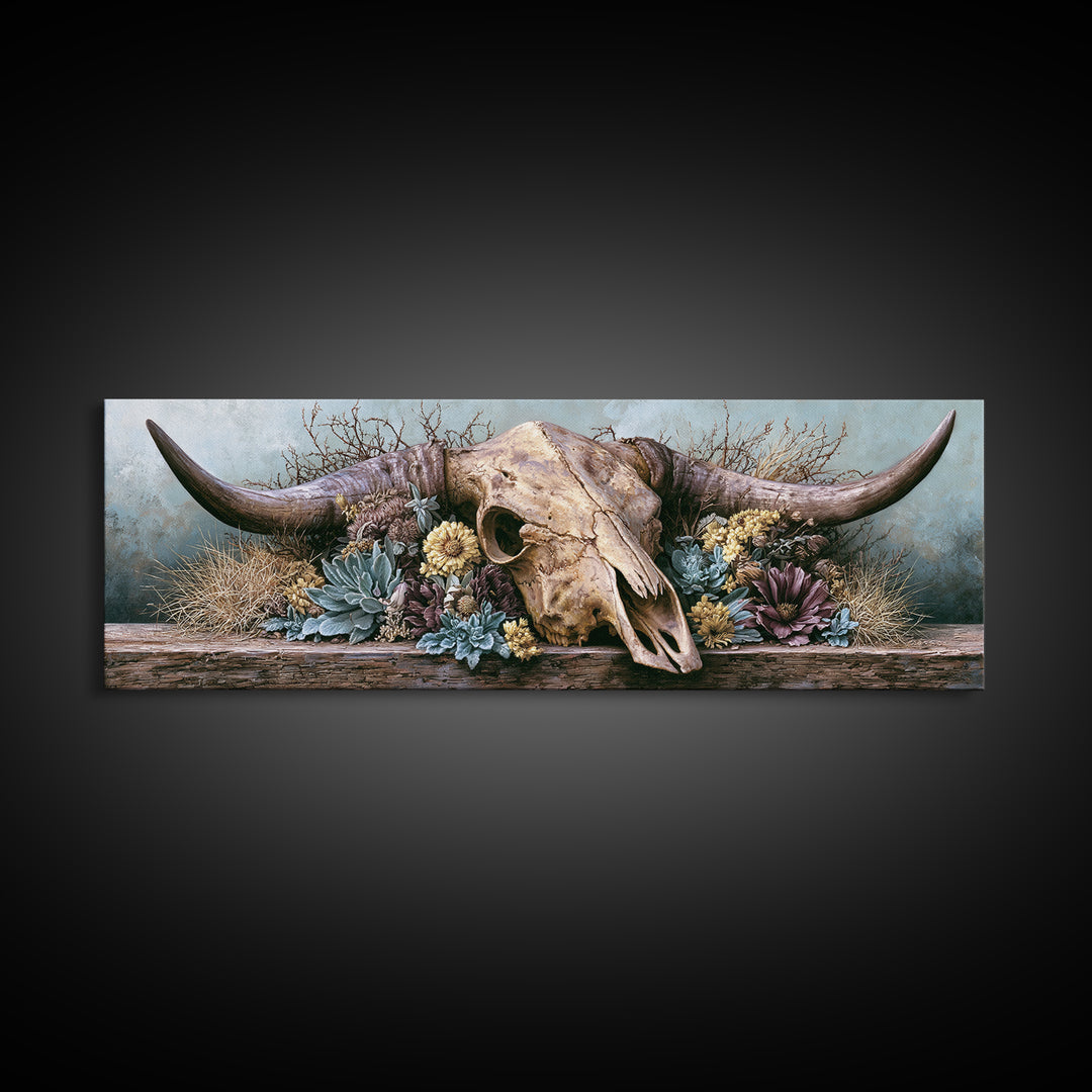 Cow Skull with Desert Flowers Framed Canvas Print, Rustic Art, Wood Wall Art, Farmhouse Decor, Rustic, Eclectic Wall Art, RUS-3x1-9