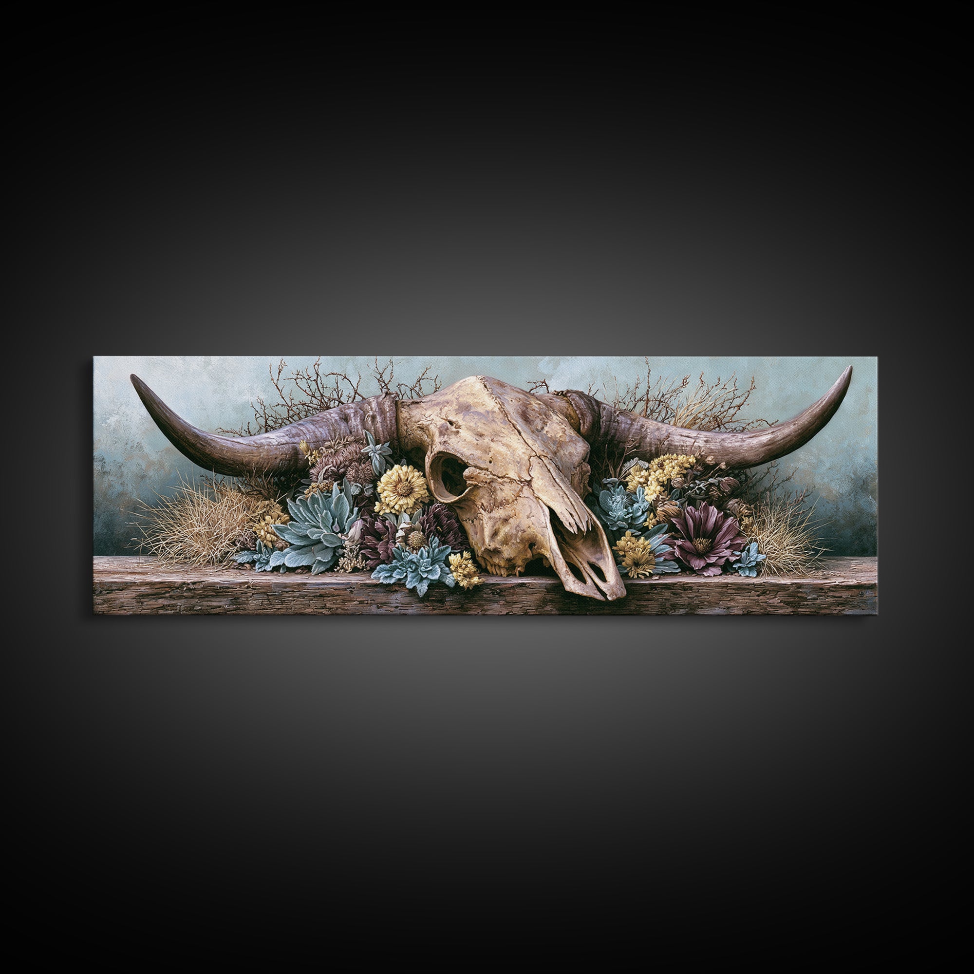 Cow Skull with Desert Flowers Framed Canvas Print, Rustic Art, Wood Wall Art, Farmhouse Decor, Rustic, Eclectic Wall Art, RUS-3x1-9