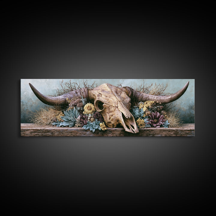 Cow Skull with Desert Flowers Framed Canvas Print, Rustic Art, Wood Wall Art, Farmhouse Decor, Rustic, Eclectic Wall Art, RUS-3x1-9