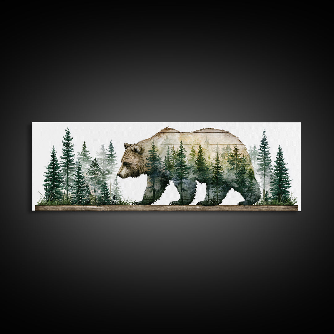 Bear Silhouette Among Pine Trees Canvas Print, Rustic Art, Textured Painting, Farmhouse Decor, Oil Painting, Rustic, RUS-3x1-95