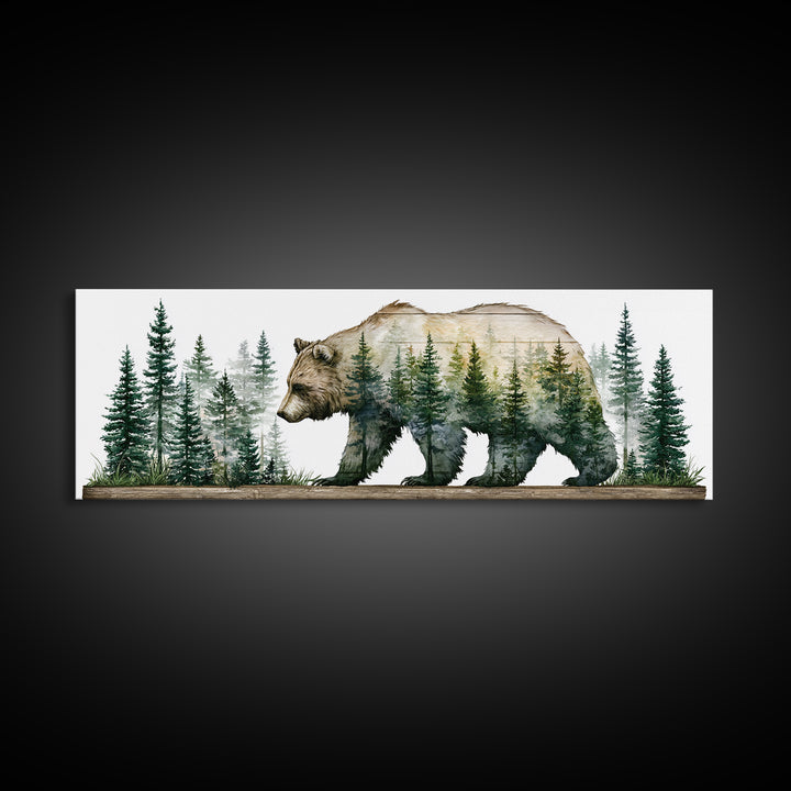 Bear Silhouette Among Pine Trees Canvas Print, Rustic Art, Textured Painting, Farmhouse Decor, Oil Painting, Rustic, RUS-3x1-95