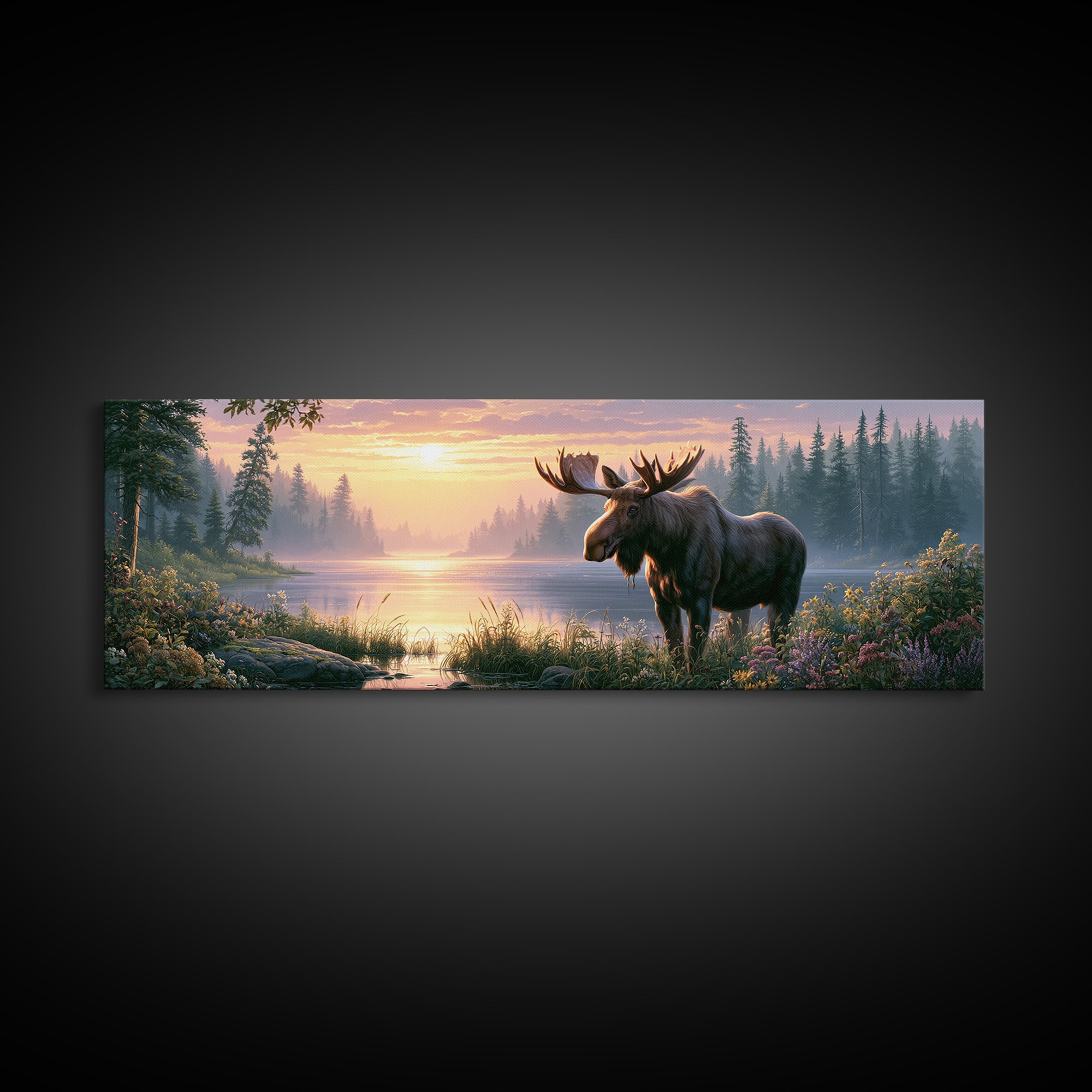 Moose Standing by a Quiet Lake Canvas Print, Rustic Art, Gallery Decor, Farmhouse Decor, Fine Art, Rustic, Contemporary Art, RUS-3x1-97