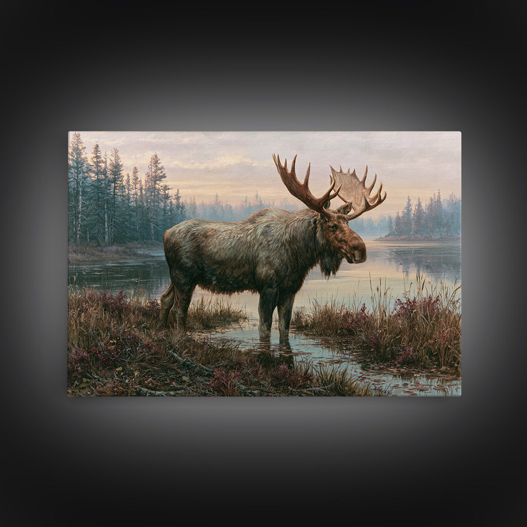Moose Standing by a Quiet Lake Framed Canvas Print, Rustic Art, Boho Wall Art, Farmhouse Decor, Rustic, Downloadable Art, RUS-3x2-13