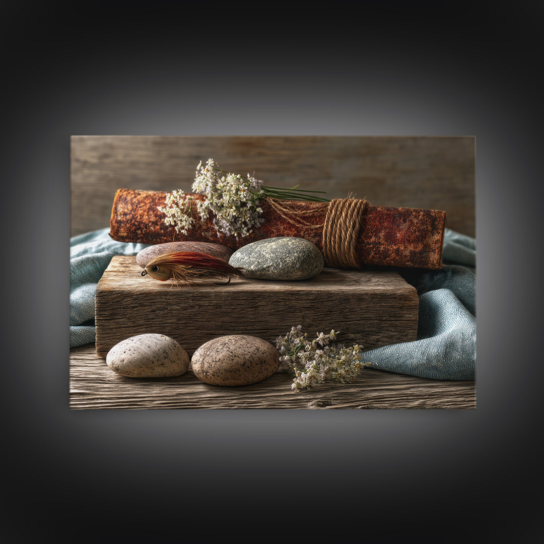 Trout Fishing Lure and River Stones Framed Canvas Print, Rustic Art, Oil Painting, Farmhouse Decor, Fine Art, Rustic, RUS-3x2-18