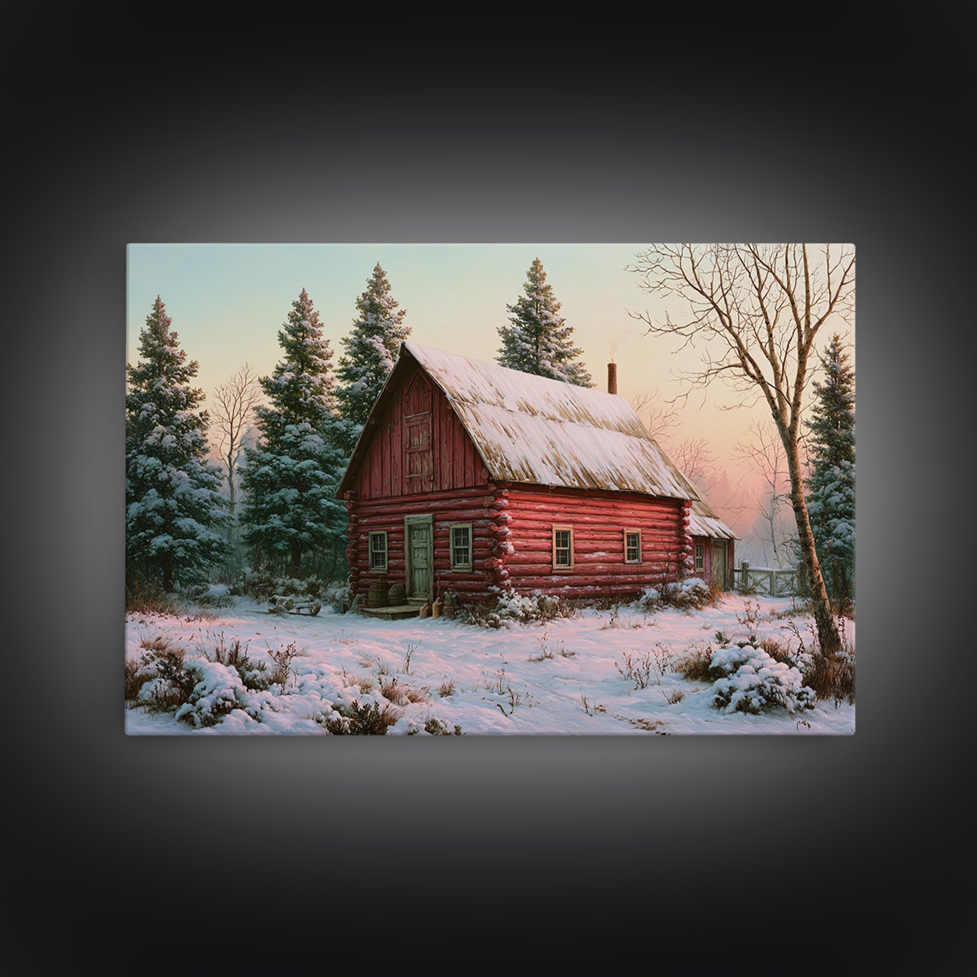 Log Cabin with Snowy Pines Framed Canvas Print, Rustic Art, Farmhouse Wall Art, Farmhouse Decor, Rustic, Statement Artwork, RUS-3x2-19