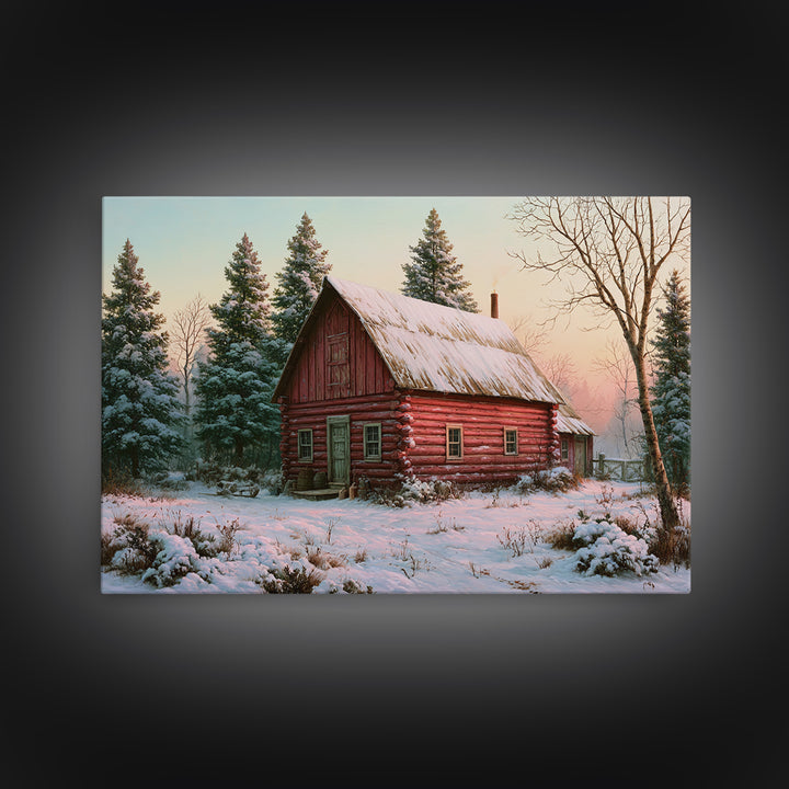 Log Cabin with Snowy Pines Framed Canvas Print, Rustic Art, Farmhouse Wall Art, Farmhouse Decor, Rustic, Statement Artwork, RUS-3x2-19