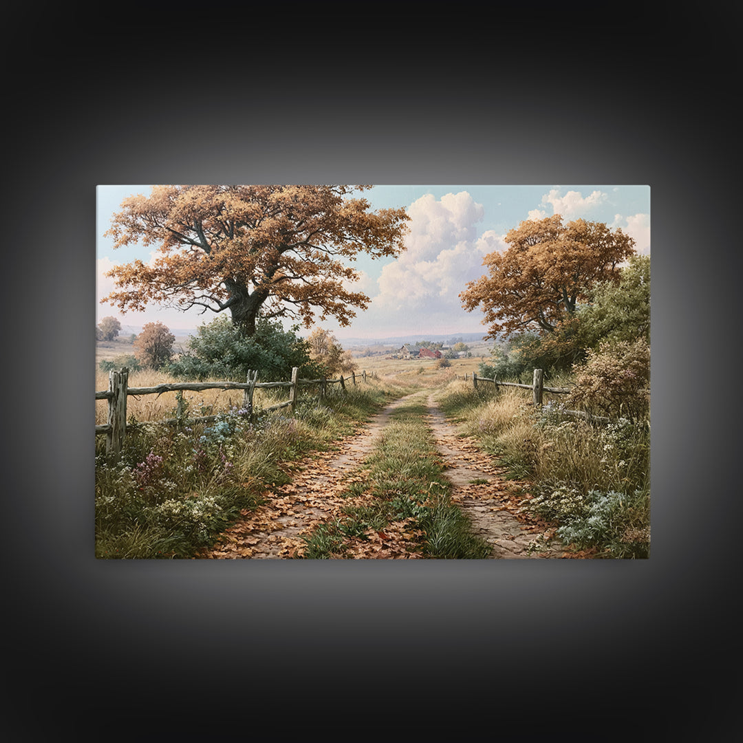 Forest Path with Golden Autumn Leaves Canvas Print, Rustic Art, Digital Print, Farmhouse Decor, Rustic, Landscape Painting, RUS-3x2-22