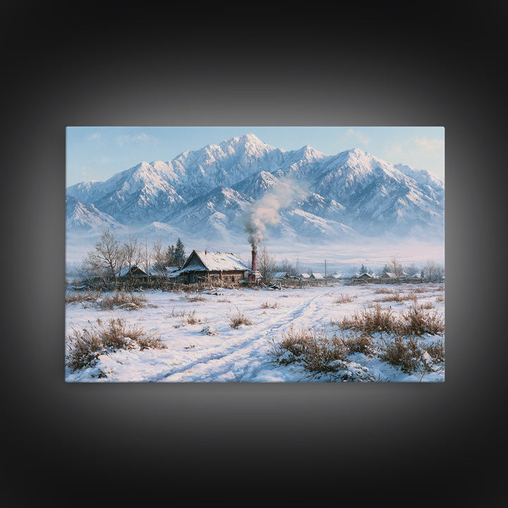 Winter Mountain Scene Framed Canvas Print, Rustic Art, Wood Art, Farmhouse Decor, Fine Art, Rustic, Wall Decor, Neutral Decor, RUS-3x2-27