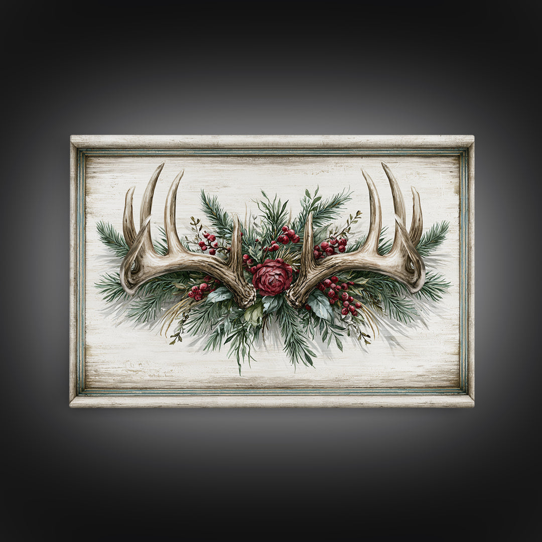 Deer Antlers with Pine Branches and Berries Canvas Print, Rustic Art, 3d Wall Art, Farmhouse Decor, Oil Painting, Rustic, RUS-3x2-30