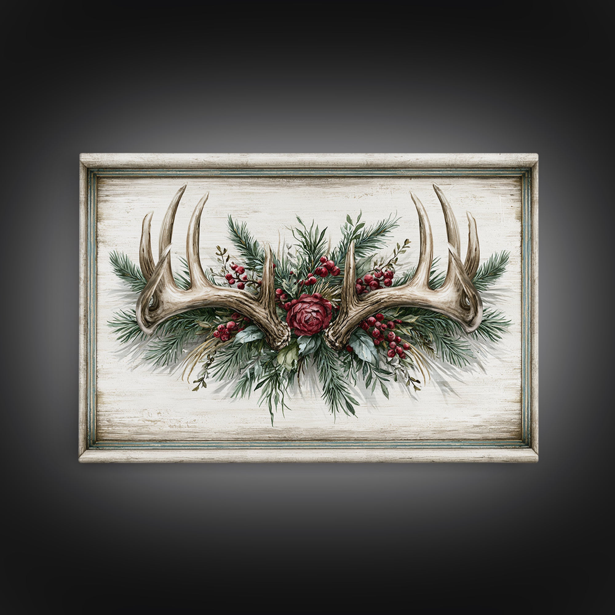 Deer Antlers with Pine Branches and Berries Canvas Print, Rustic Art, 3d Wall Art, Farmhouse Decor, Oil Painting, Rustic, RUS-3x2-30