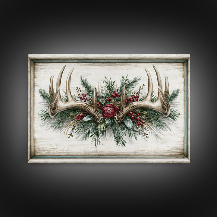 Deer Antlers with Pine Branches and Berries Canvas Print, Rustic Art, 3d Wall Art, Farmhouse Decor, Oil Painting, Rustic, RUS-3x2-30