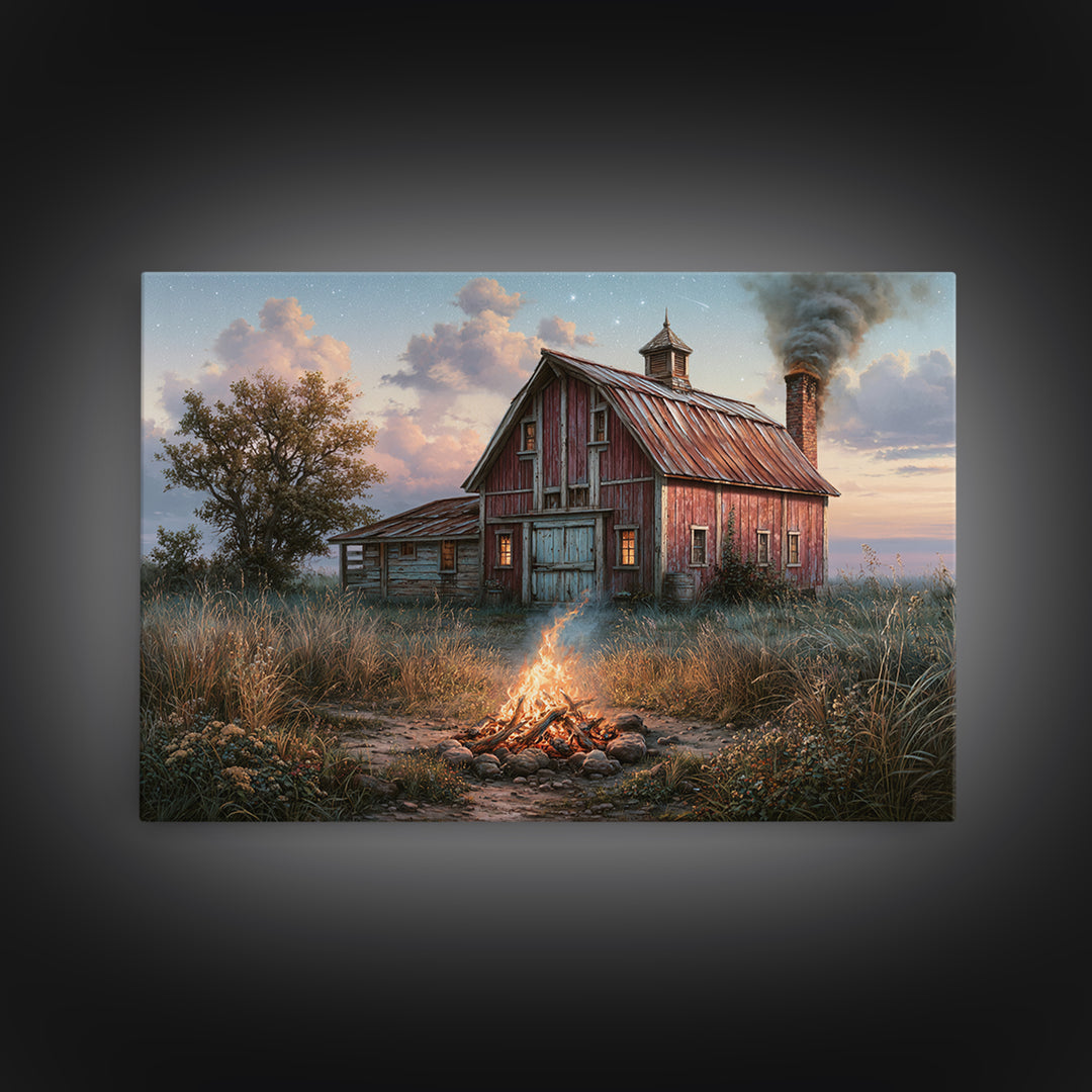 Campfire under a Starry Sky Canvas Print, Rustic Art, Farmhouse Decor, Fine Art, Rustic, Gallery Wall Art, Landscape Wall Art, RUS-3x2-38