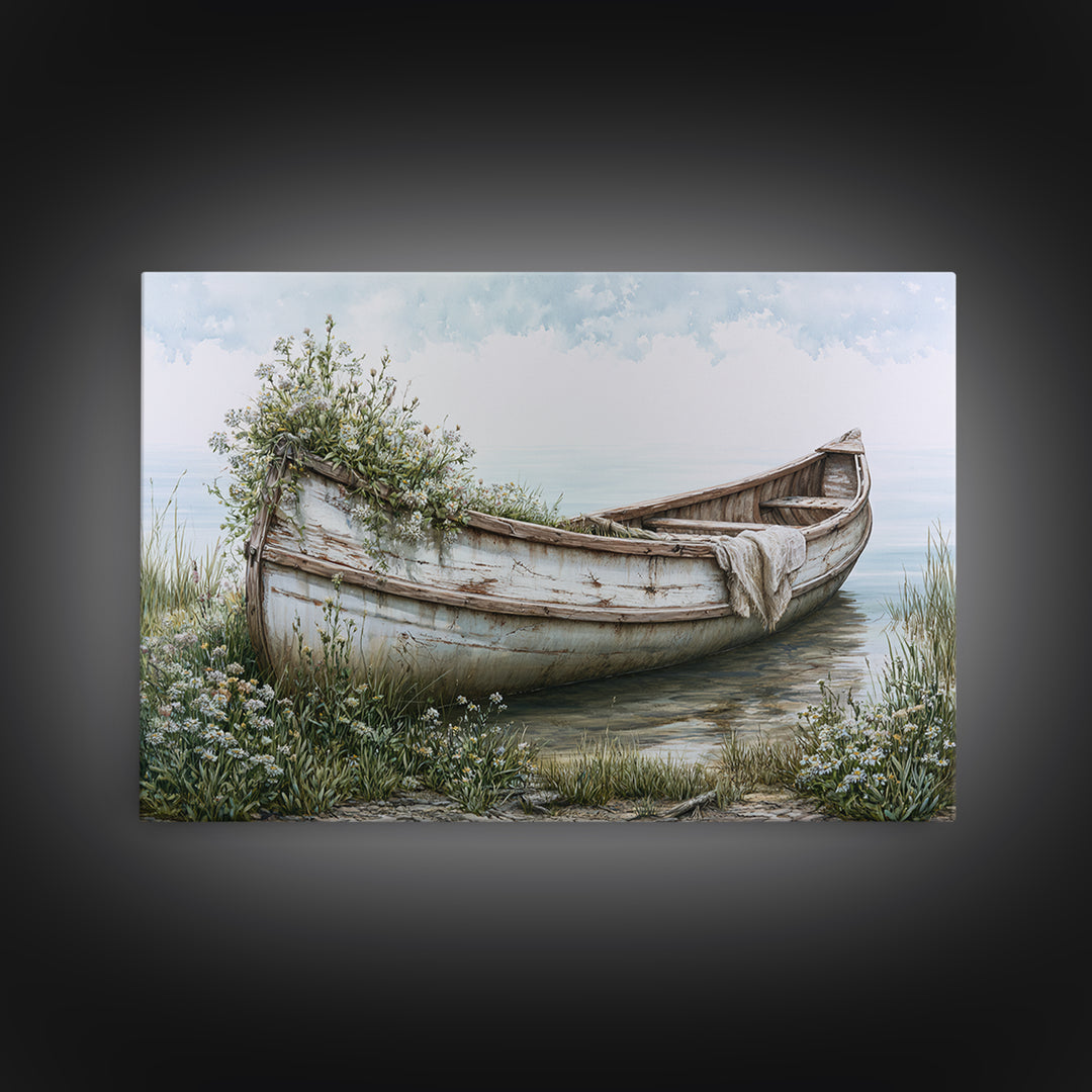 Old Canoe Pulled Onto a Lake Shore Canvas Print, Rustic Art, Landscape Painting, Farmhouse Decor, Rustic, Modern Decor, RUS-3x2-48