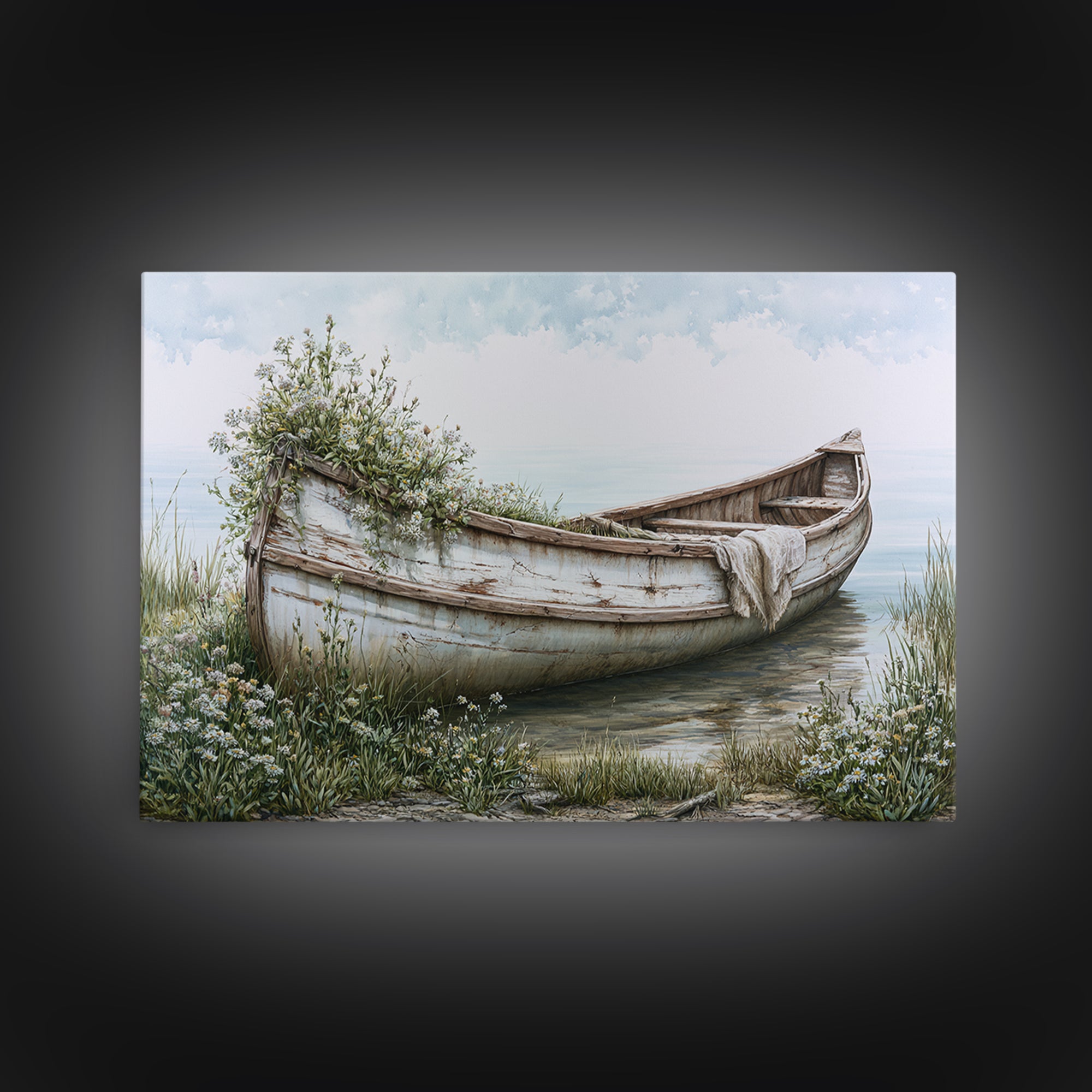 Old Canoe Pulled Onto a Lake Shore Canvas Print, Rustic Art, Landscape Painting, Farmhouse Decor, Rustic, Modern Decor, RUS-3x2-48
