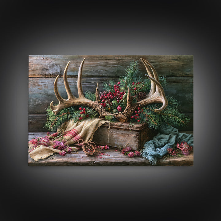 Deer Antlers with Pine Branches and Berries Canvas Print, Rustic Art, 3d Wall Art, Farmhouse Decor, Oil Painting, Rustic, RUS-3x2-54