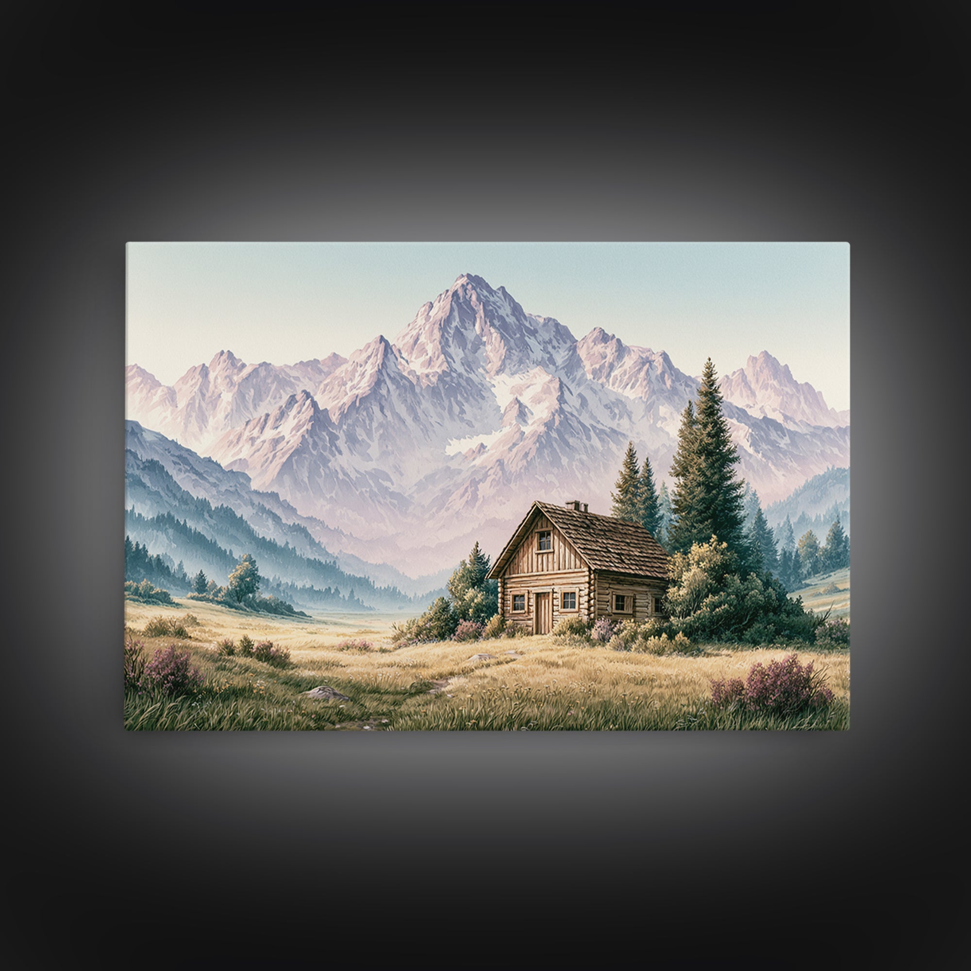 Mountain Cabin Landscape Framed Canvas Print, Rustic Art, Painting, Farmhouse Decor, Fine Art, Rustic, Boho Wall Art, RUS-3x2-55