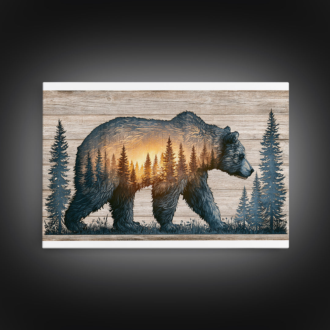 Bear Silhouette Among Pine Trees Framed Canvas Print, Rustic Art, Luxury Decor, Farmhouse Decor, Oil Painting, Rustic, RUS-3x2-59
