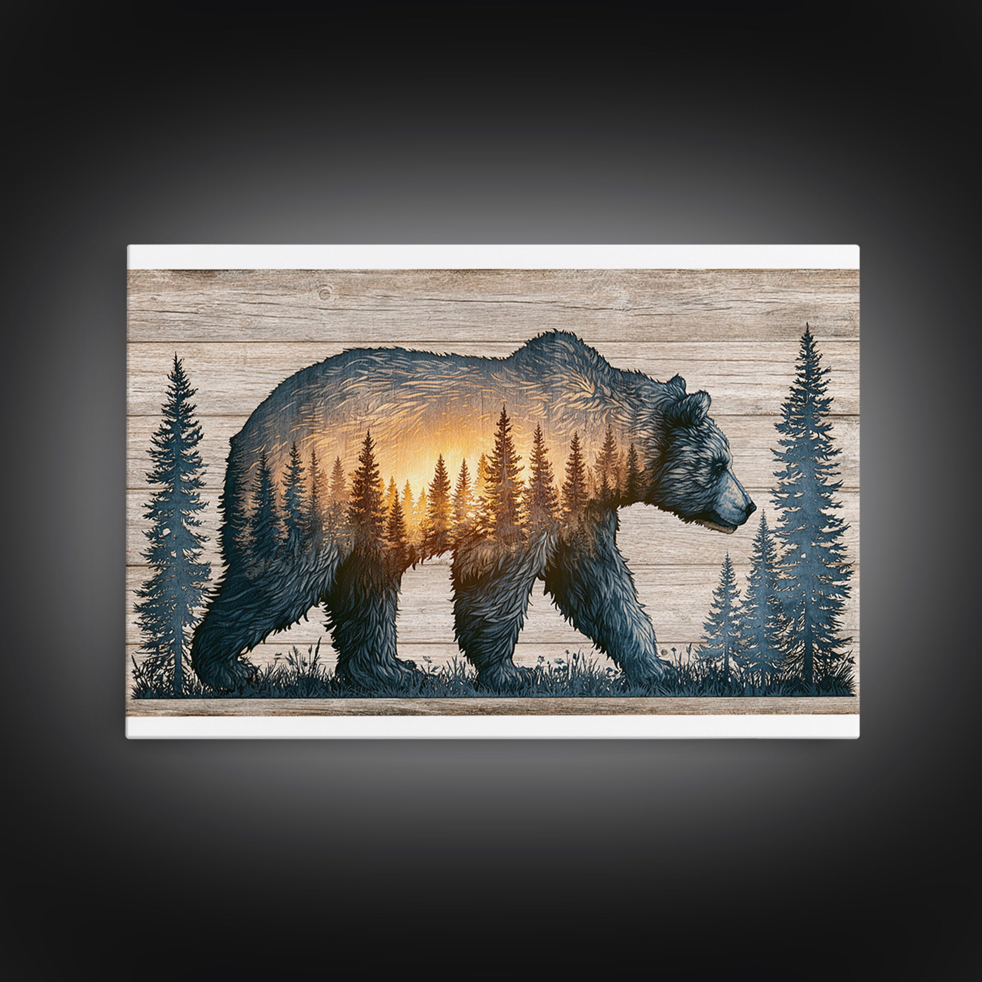 Bear Silhouette Among Pine Trees Framed Canvas Print, Rustic Art, Luxury Decor, Farmhouse Decor, Oil Painting, Rustic, RUS-3x2-59
