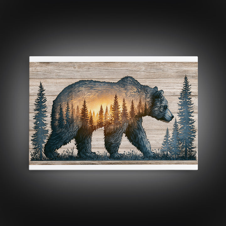Bear Silhouette Among Pine Trees Framed Canvas Print, Rustic Art, Luxury Decor, Farmhouse Decor, Oil Painting, Rustic, RUS-3x2-59