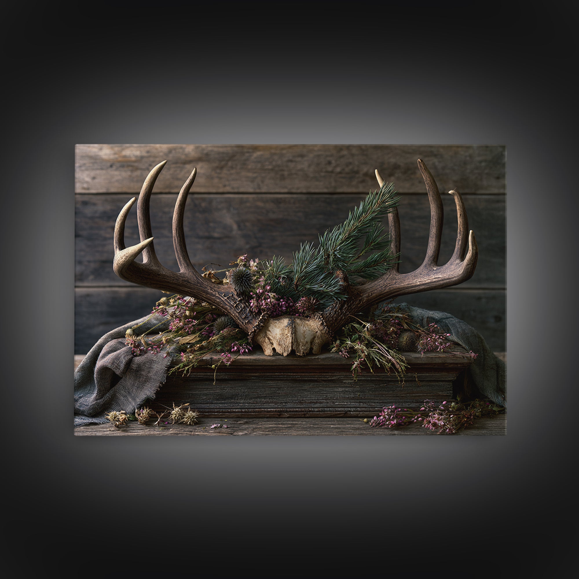 Deer Antlers with Pine Branches and Berries Framed Canvas Print, Rustic Art, Printable Art, Farmhouse Decor, Fine Art, Rustic, RUS-3x2-6
