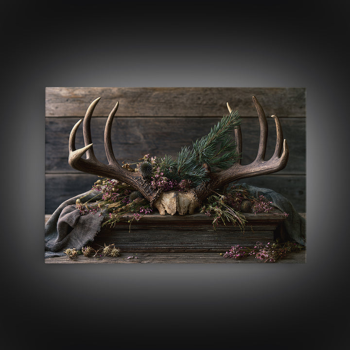 Deer Antlers with Pine Branches and Berries Framed Canvas Print, Rustic Art, Printable Art, Farmhouse Decor, Fine Art, Rustic, RUS-3x2-6