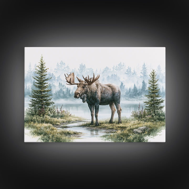 Moose Standing by a Quiet Lake Canvas Print, Rustic Art, Landscape Painting, Farmhouse Decor, Fine Art, Rustic, Modern Decor, RUS-3x2-61