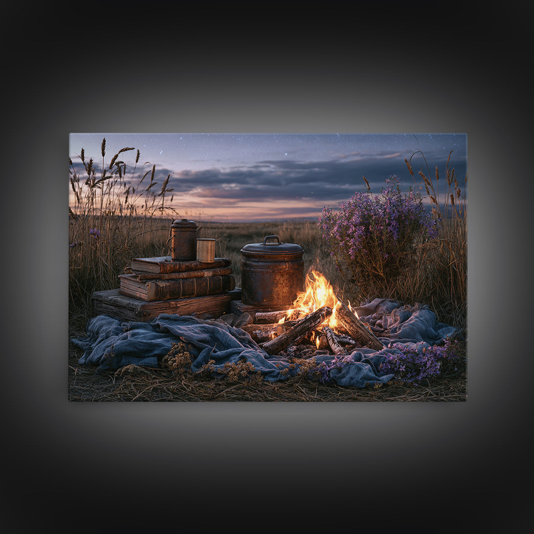 Campfire under a Starry Sky Canvas Print, Rustic Art, Farmhouse Decor, Fine Art, Rustic, Gallery Wall Art, Landscape Wall Art, RUS-3x2-62