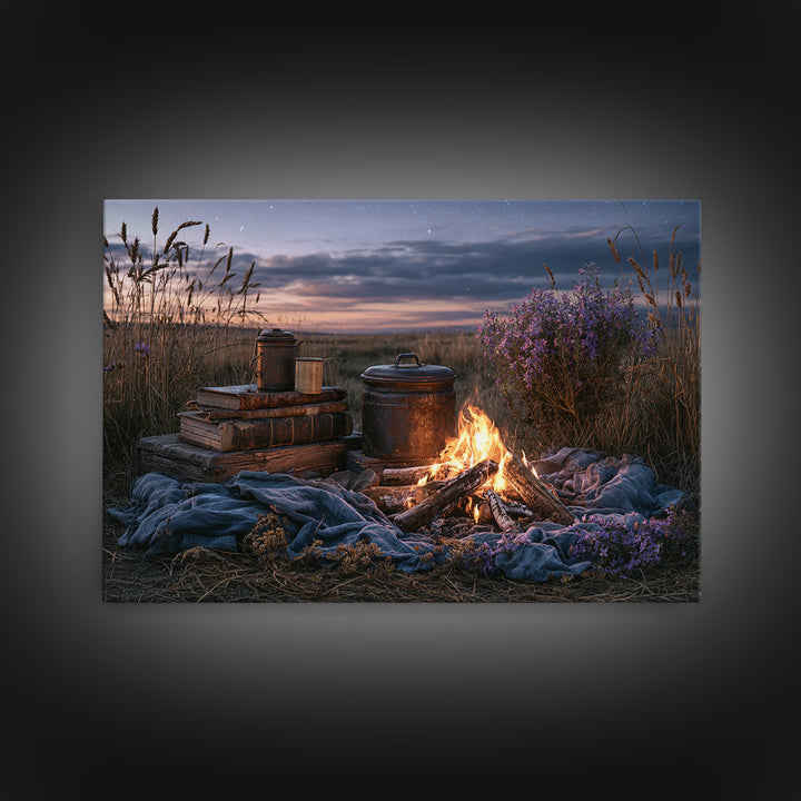 Campfire under a Starry Sky Canvas Print, Rustic Art, Farmhouse Decor, Fine Art, Rustic, Gallery Wall Art, Landscape Wall Art, RUS-3x2-62