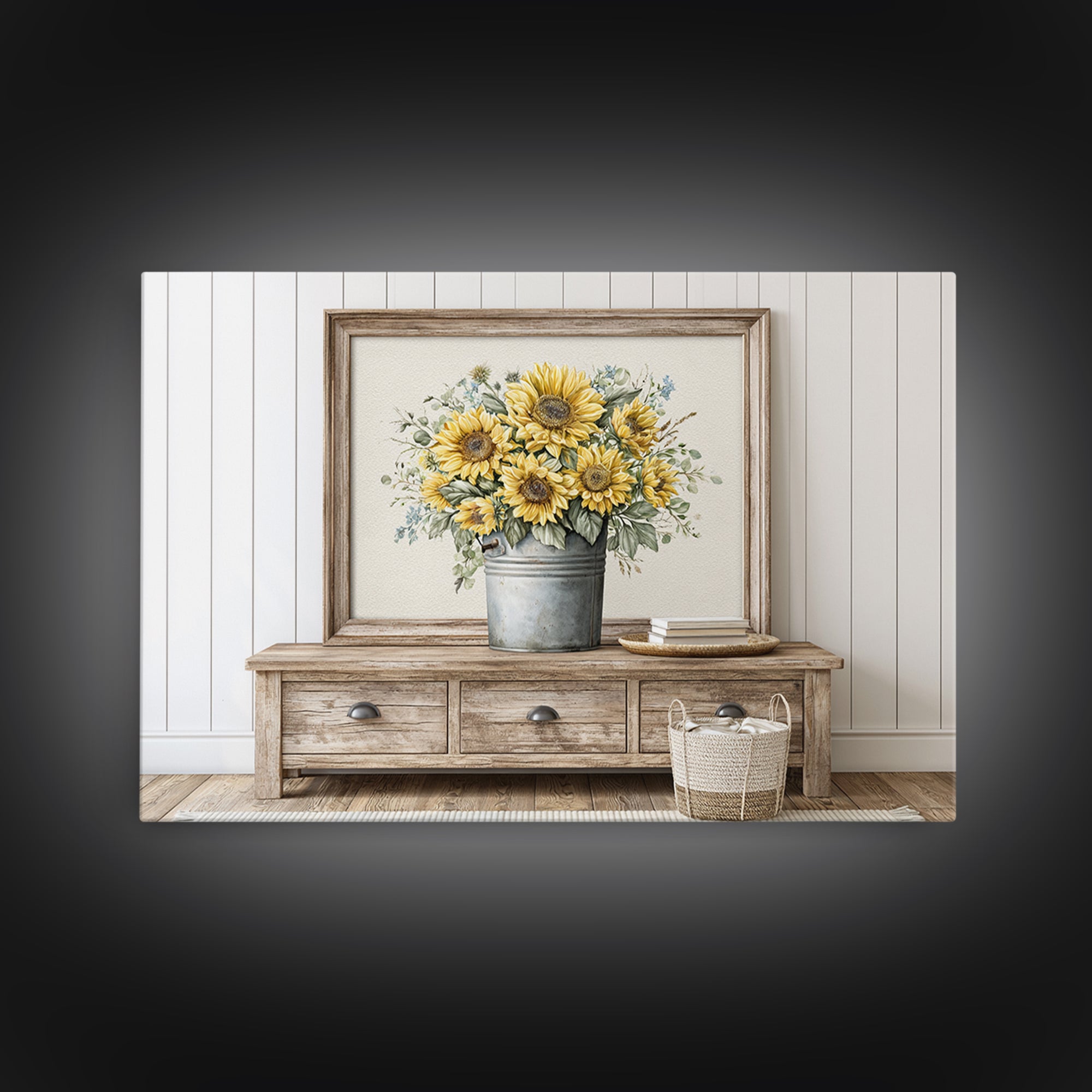 Sunflowers in a Metal Bucket Framed Canvas Print, Rustic Art, Gallery Decor, Farmhouse Decor, Fine Art, Rustic, RUS-3x2-64