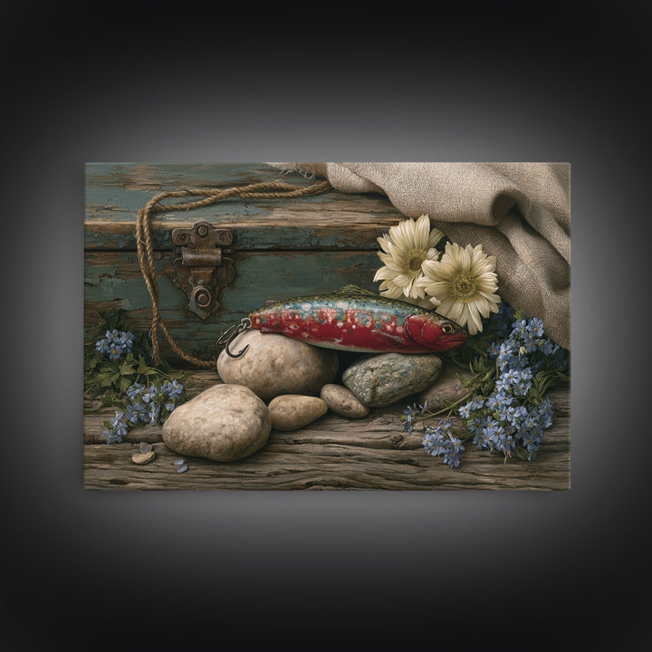 Trout Fishing Lure and River Stones Canvas Print, Rustic Art, Living Room Decor, Farmhouse Decor, Rustic, Landscape Wall Art, RUS-3x2-66