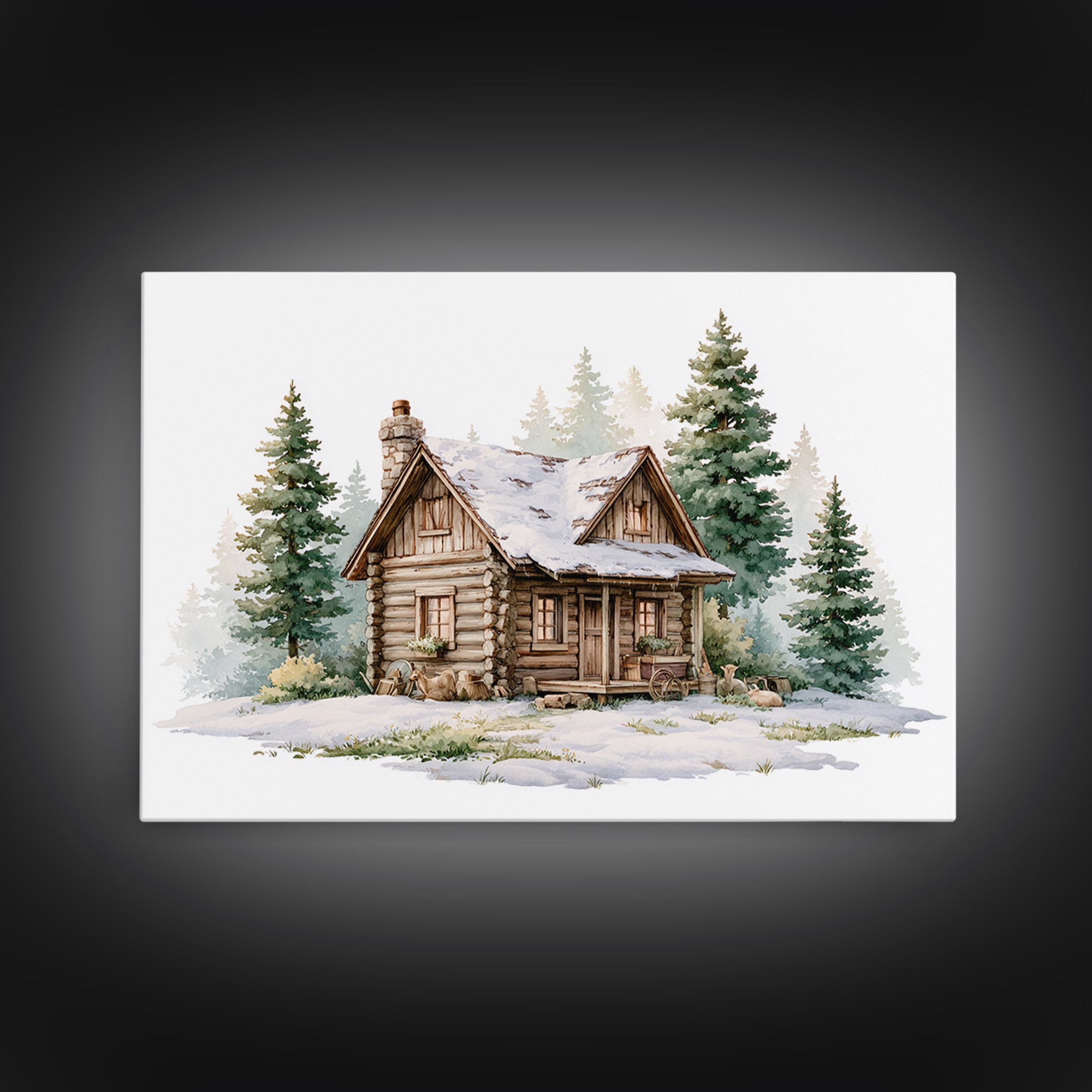 Log Cabin with Snowy Pines Canvas Print, Rustic Art, Textured Painting, Farmhouse Decor, Watercolor Art, Rustic, Digital Print, RUS-3x2-67