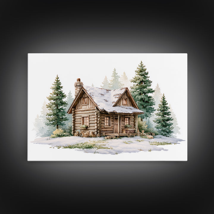 Log Cabin with Snowy Pines Canvas Print, Rustic Art, Textured Painting, Farmhouse Decor, Watercolor Art, Rustic, Digital Print, RUS-3x2-67