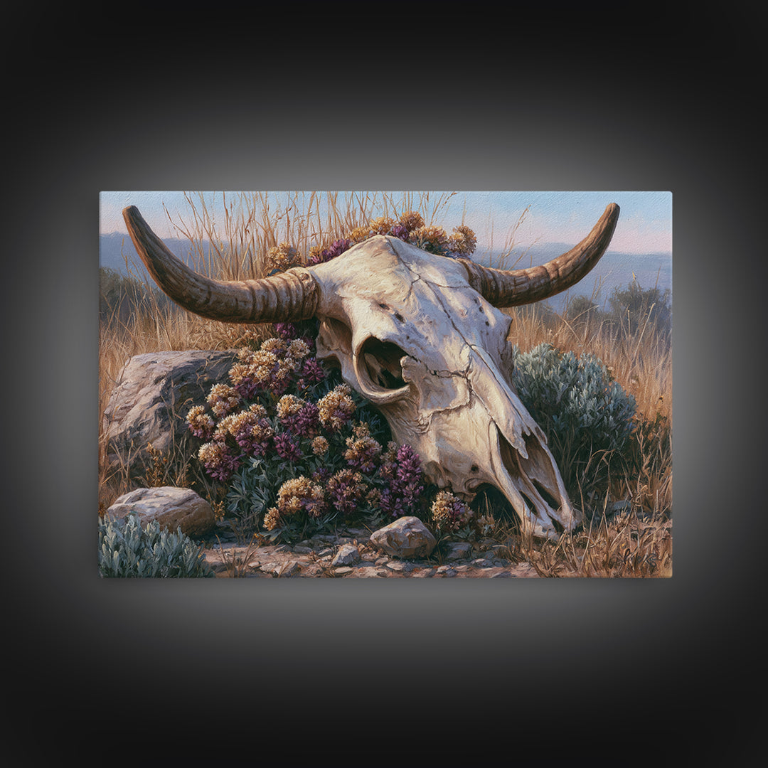 Cow Skull with Desert Flowers Framed Canvas Print, Rustic Art, Farmhouse Wall Art, Farmhouse Decor, Fine Art, Rustic, RUS-3x2-69