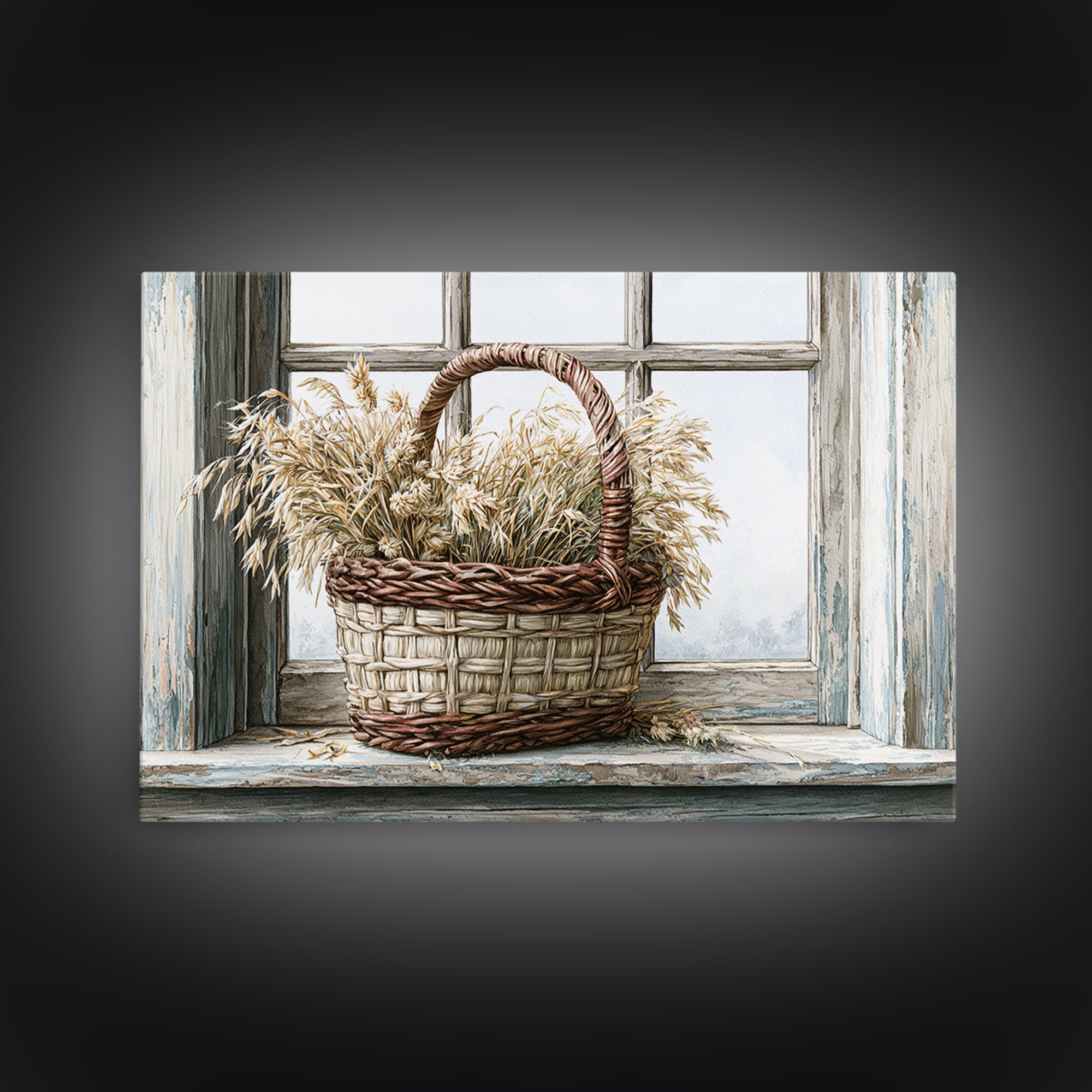 Handwoven Basket with Dried Grasses Canvas Print, Rustic Art, Downloadable Art, Farmhouse Decor, Watercolor Art, Rustic, RUS-3x2-76