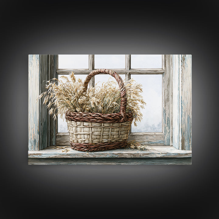 Handwoven Basket with Dried Grasses Canvas Print, Rustic Art, Downloadable Art, Farmhouse Decor, Watercolor Art, Rustic, RUS-3x2-76
