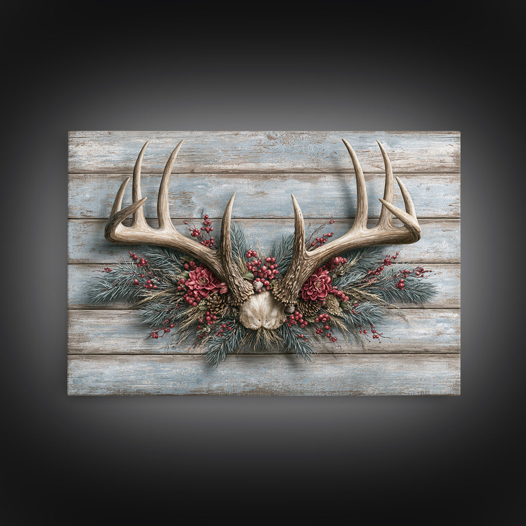 Deer Antlers with Pine Branches and Berries Framed Canvas Print, Rustic Art, Eclectic Wall Art, Farmhouse Decor, Watercolor Art, RUS-3x2-78