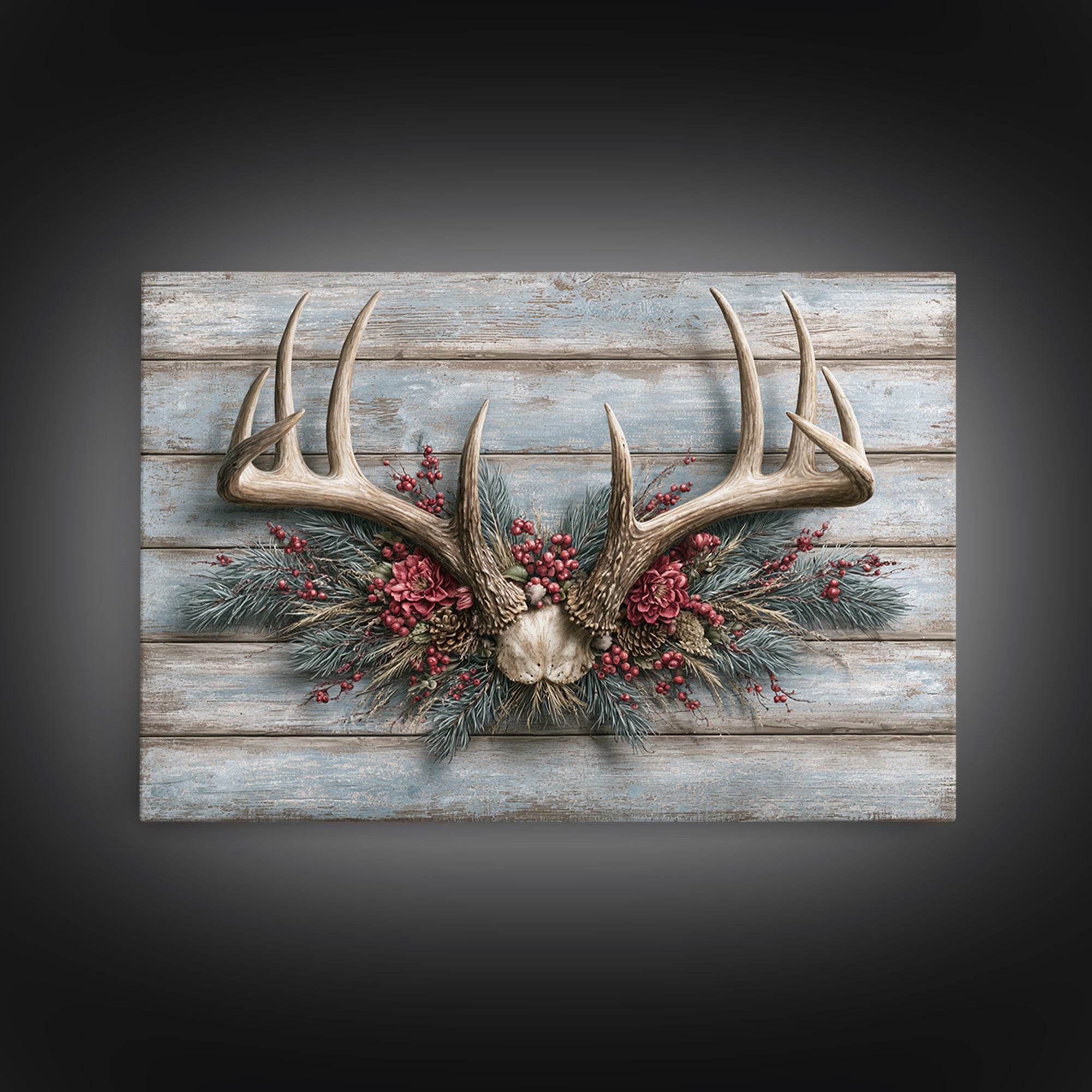 Deer Antlers with Pine Branches and Berries Framed Canvas Print, Rustic Art, Eclectic Wall Art, Farmhouse Decor, Watercolor Art, RUS-3x2-78