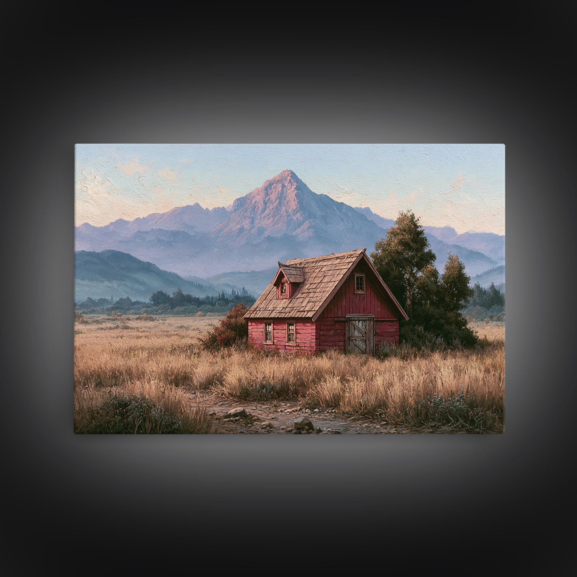 Mountain Cabin Landscape Framed Canvas Print, Rustic Art, Landscape Wall Art, Farmhouse Decor, Fine Art, Rustic, Luxury Decor, RUS-3x2-79