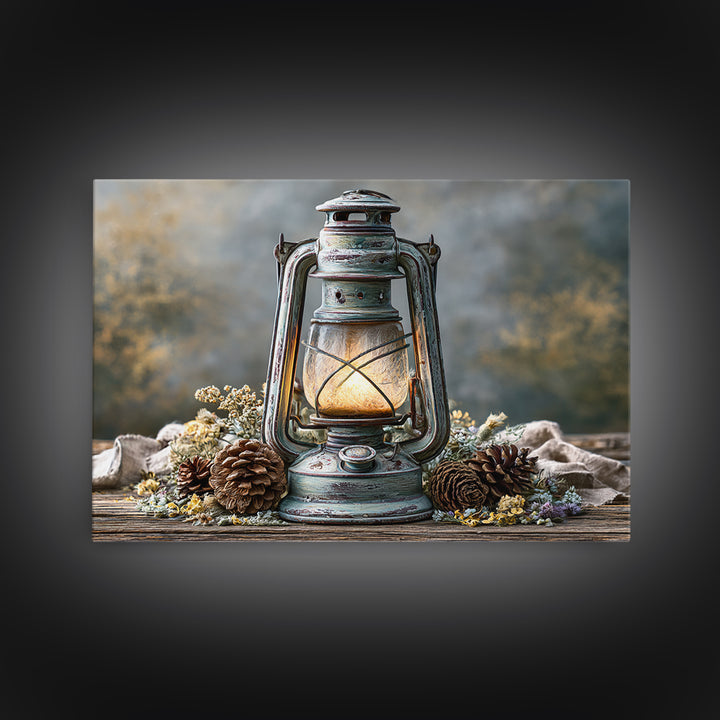 Rustic Lantern Glowing Beside Pinecones Framed Canvas Print, Rustic Art, Fine Art Print, Farmhouse Decor, Watercolor Art, RUS-3x2-80