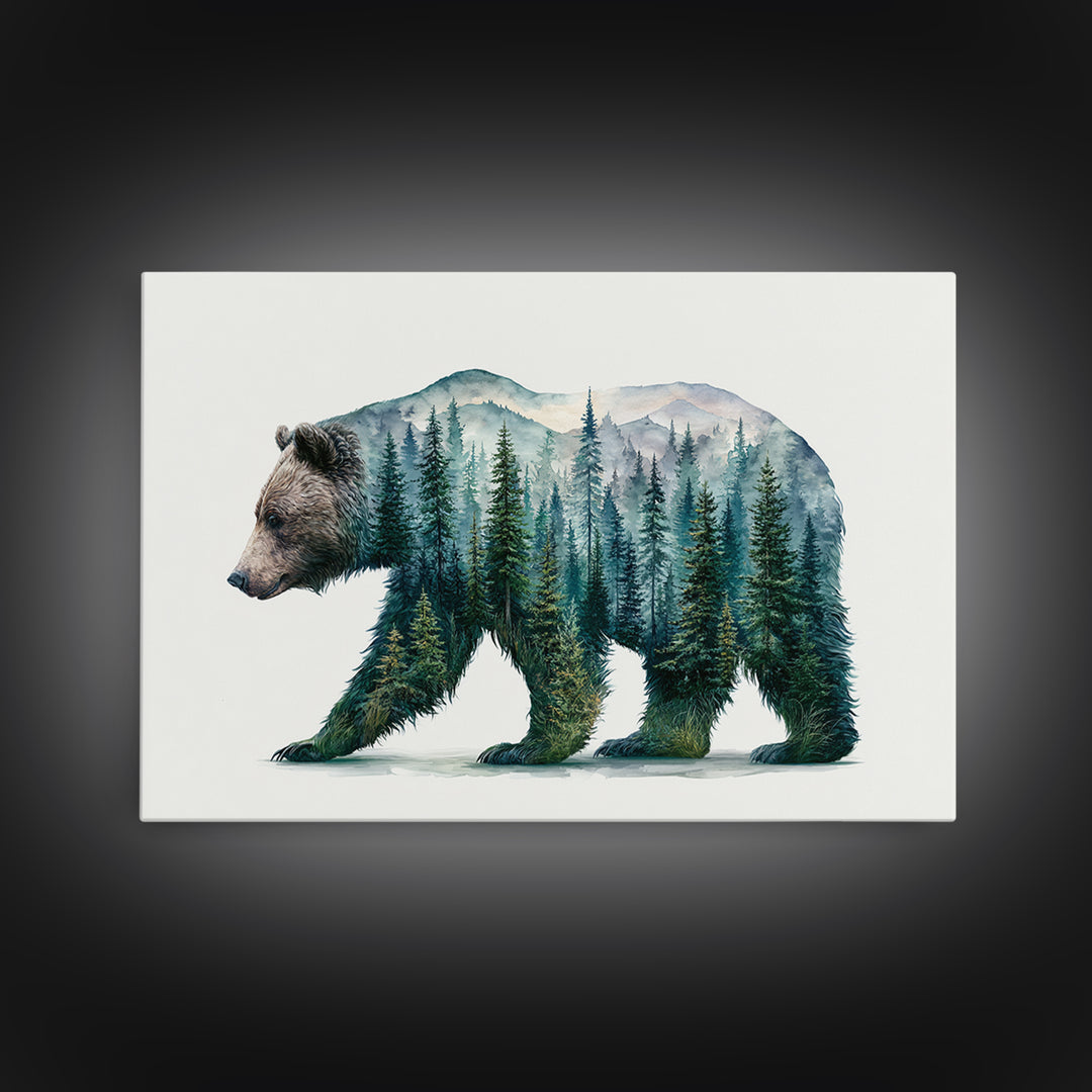 Bear Silhouette Among Pine Trees Canvas Print, Rustic Art, Wall Art, Farmhouse Decor, Fine Art, Rustic, Living Room Decor, RUS-3x2-83