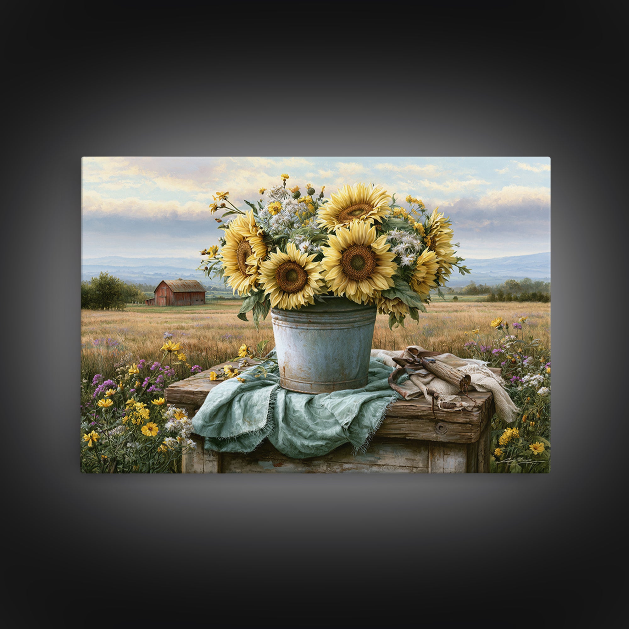 Sunflowers in a Metal Bucket Canvas Print, Rustic Art, Boho Decor, Farmhouse Decor, Oil Painting, Rustic, Digital Art, RUS-3x2-88